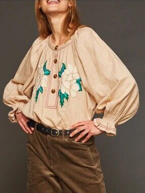 ANTIK BATIK Zahid Embroidered Floral Cotton Beige Blouse S / 38